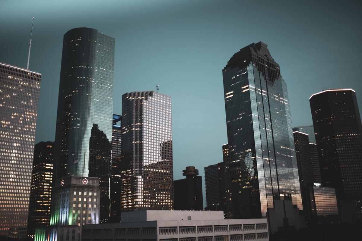 Downtown Houston office towers against an evening sky